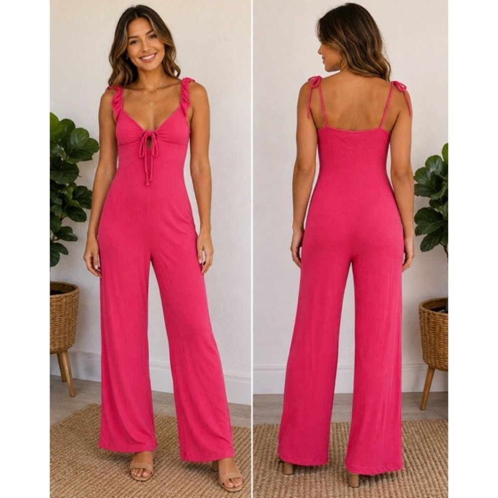Lulus Magenta Pink Ribbed Tie-Front Wide Leg Jumpsuit Ruffle Straps Small